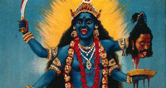 V0045118 Kali trampling Shiva. Chromolithograph by R. Varma.