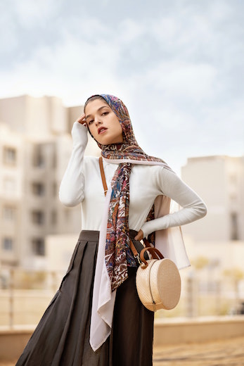 woman modeling printed chiffon hijab