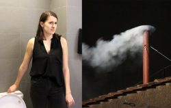 woman in bathroom side by side with white smoke