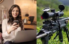 woman looking at phone pic next to sniper rifle pic