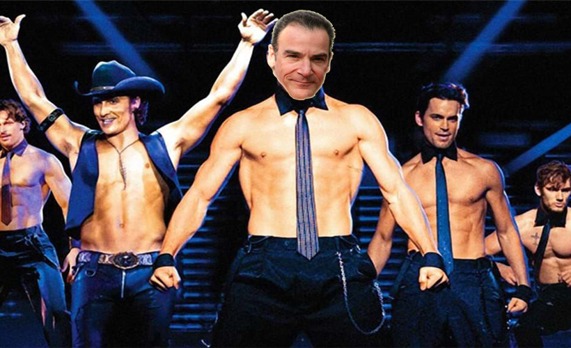 Still from Magic Mike strip dance with Mandy Patinkin's head on top