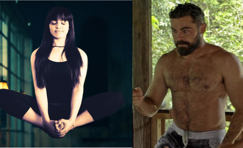 side by side of woman meditating and zac efron from down to earth
