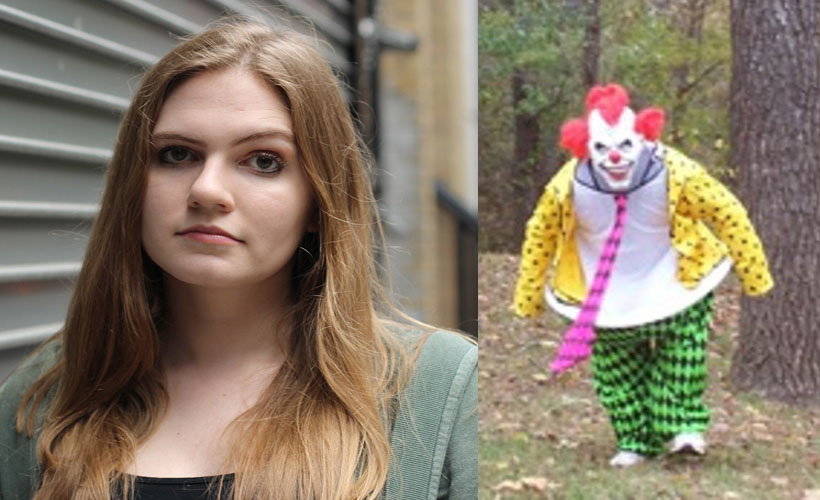 serious woman next to clown running in woods