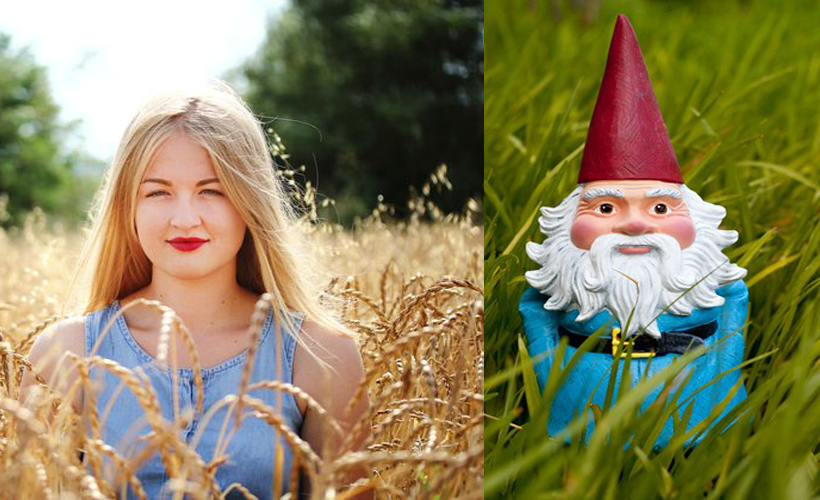 girl in field next to travelocity gnome