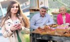 woman on phone next to Great British Bake off Judges
