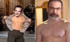 two side by side pictures of channing tatums body with mandy patinkin's head on top