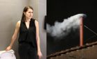 woman in bathroom side by side with white smoke
