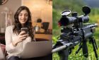 woman looking at phone pic next to sniper rifle pic