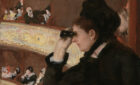 painting of woman using opera glasses